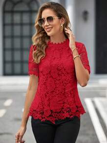 SHEIN Clasi Guipure Lace Mock Neck Blouse - Red - View 5