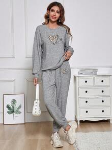 SHEIN LUNE Của phụ nữ Lá thư & Hình trái tim Áo Và Quần Hai chiếc Bộ - Xám - Xem 2