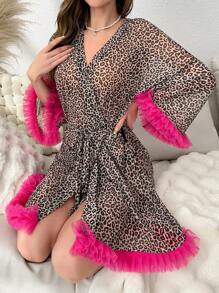 رداء مزين بكشكشة من الشبك بطبعة نمر وحزام - متعدد الألوان - مشاهدة 6