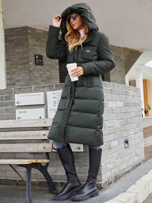 GASMAN Women's Mid-Length Hooded Down Jacket, Long Sleeve, Drawstring, With Zipper And Pockets, Warm Outerwear