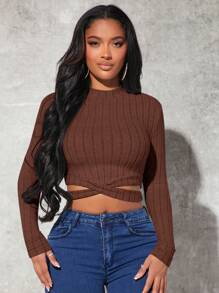 SHEIN SXY Crisscross Cut Out Hem Crop Tee - Chocolate Brown - View 5