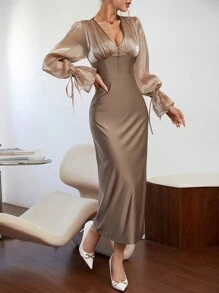 SHEIN Privé Kleid mit tiefem Ausschnitt, Knoten, Volant Ärmeln, Satin - Kaffeebraun - Übersicht 1