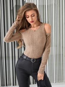 SHEIN Privé Camiseta de hombros descubiertos tejido de canalé - Rosa vieja - Ver 1