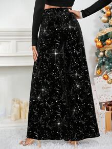 SHEIN Privé Galaxy Print Knot Waist Wide Leg Pants - Black - View 5