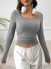 SHEIN EZwear Mùa Xuân Và Xám Chất rắn Scoop Cổ Xù Thon gọn Bên Tay áo dài Áo phông Crop - Màu Xám nhạt - Xem 3
