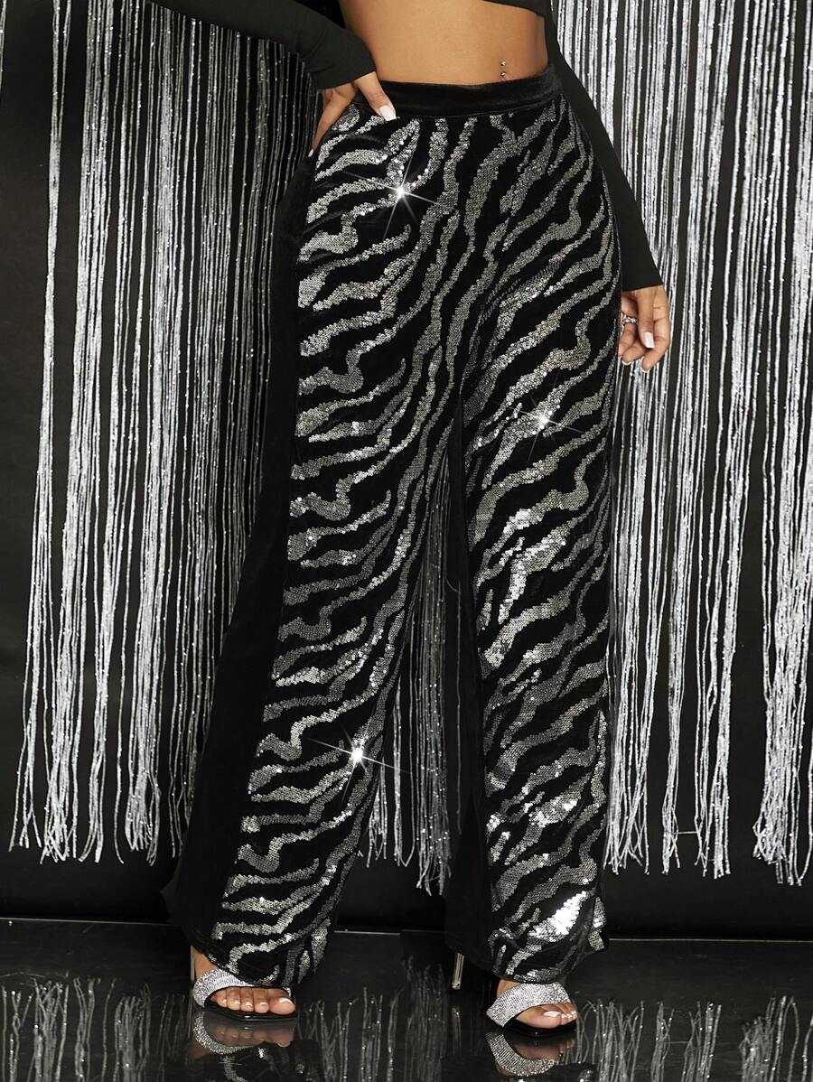 SHEIN SXY Sequin Zebra Striped Pattern Wide Leg Pants