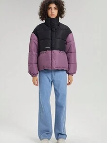 Letter Graphic Colorblock Padded Coat - Purple - View 7