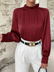 SHEIN Privé Frill Neck Raglan Sleeve Pleated Detail Blouse - Burgundy - View 6