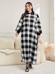 Mulvari Plus Buffalo Plaid Print Drop Shoulder Drawstring Hooded Sweatshirt Dress - Black and White - View 1