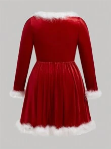 Flirla Hơn Trang trí Fuzzy Chi tiết Nút Nhung Đầm - Đỏ - Xem 3