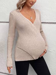 SHEIN Maternity Crossover Ribbed Knit Sweater - Apricot - View 2