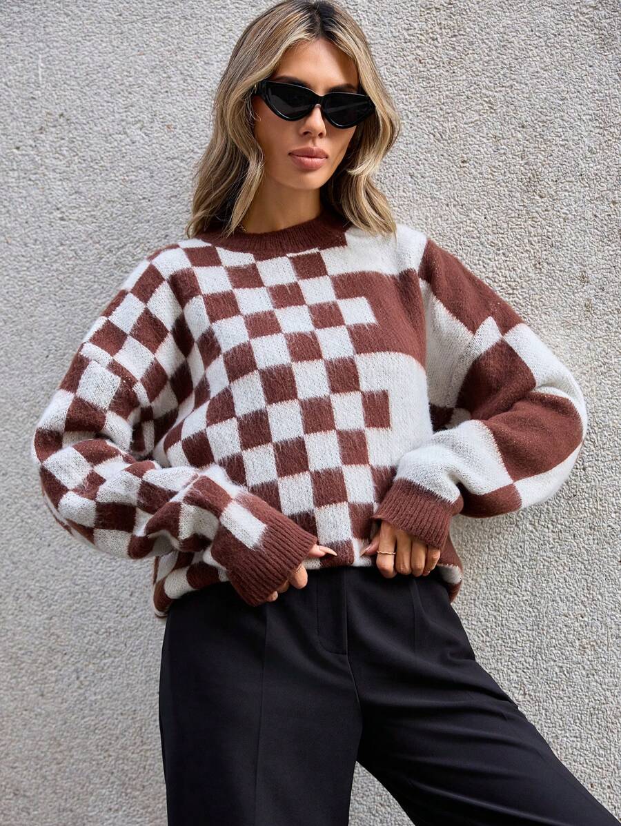 GENKIRA Suéter de punto con hombros caídos y estampado de cuadros para otoño e invierno - Multicolor - Ver 1