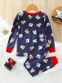 男童汽車印花對比色口袋修身睡衣套裝 - 藏蓝色 - 查看 2