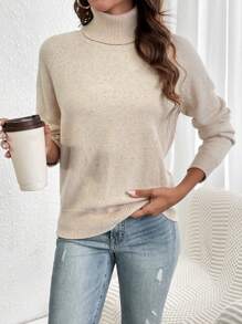 SHEIN LUNE Turtleneck Raglan Sleeve Sweater - Apricot - View 3
