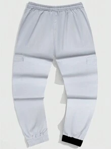 Manfinity EMRG Nam Khối màu Túi có nắp Eo dây rút Quần Cargo - Xám - Xem 8