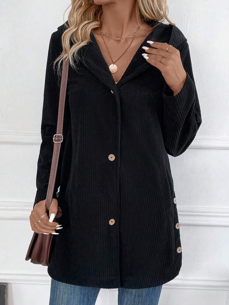 Solid Button Front Hooded Corduroy Coat