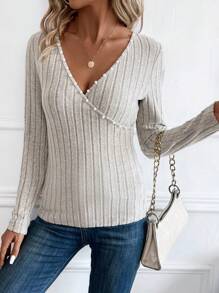 Pearls Beaded Surplice Neck Ribbed Knit Tee - Khaki - View 5