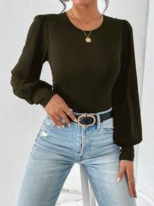 SHEIN Essnce Solid Lantern Sleeve Bodysuit - Army Green - View 5