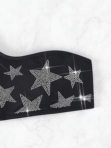 Rhinestone Star Pattern One Shoulder Bikini Top - Black - View 6