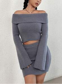 SHEIN Unity 折邊一字肩喇叭袖短款毛衣&針織短裙 - 淺灰色 - 查看 1