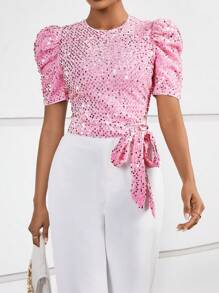 SHEIN Privé 泡泡袖側打結亮片裝飾襯衫 - 粉色 - 查看 1