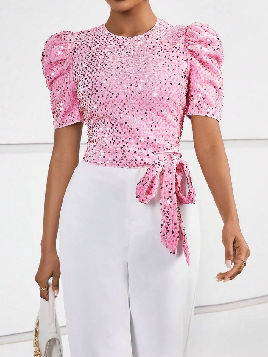 SHEIN Privé 泡泡袖側打結亮片裝飾襯衫 - 粉色 - 查看 1