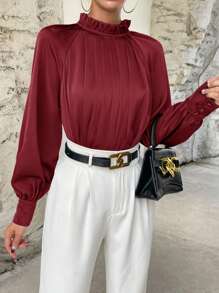 SHEIN Privé Frill Neck Raglan Sleeve Pleated Detail Blouse - Burgundy - View 3