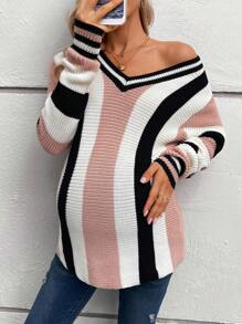 SHEIN 孕妇条纹落肩毛衣，适合冬季 - 彩色 - 查看 3