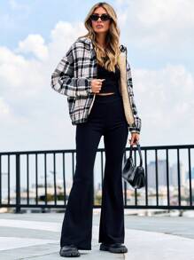 SHEIN Cottnline Plaid Print Drop Shoulder Fleece Lined Hooded Jacket - Black and White - View 6