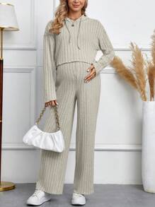 SHEIN Maternity Drop Shoulder Drawstring Hoodie & Adjustable Waist Wide Leg Pants - Apricot - View 4