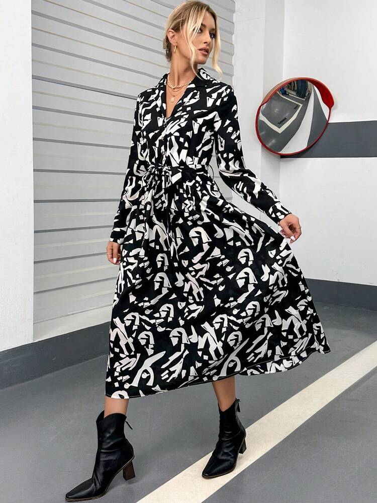 Allover Print Belted Shirt Dress