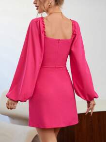 SHEIN Privé Ren tương phản Lá sen tỉa Tay áo lồng đèn Đầm ôm sát ngực - Màu Hồng Tươi - Xem 2
