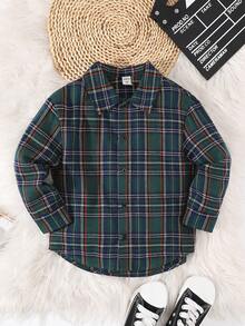 SHEIN 小男孩休閒街頭風格運動綠色格子圖案印花寬鬆落肩長袖翻領襯衫，背部有 Nyc 印花秋冬 - 彩色 - 查看 2