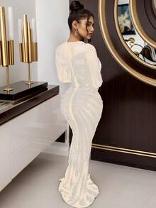 Women's Mesh Sheer Sparkling Rhinestone Long Sleeve Fishtail Floor Slim Fit Maxi Dresses Gowns Festival - Apricot - View 3