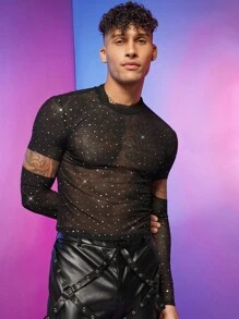 FeverCity Men Cut Out Sleeve Rhinestone Mesh Tee - Black - View 3