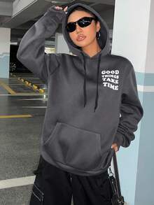 SHEIN EZwear Letter & Floral Graphic Kangaroo Pocket Drawstring Hoodie - Grey - View 5