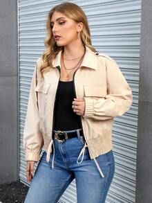 Calvaya Hơn Túi có nắp Cà vạt viền Áo khoác - Màu Khaki - Xem 6