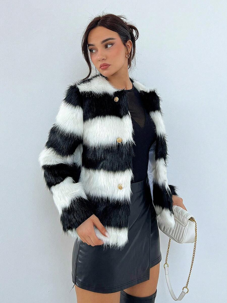SHEIN Privé Striped Print Button Front Fuzzy Coat - Black and White - View 1