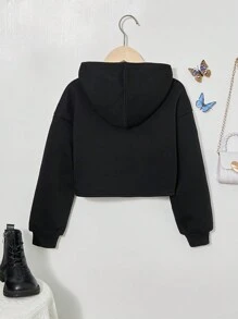 SHEIN Tween Girl Butterfly Print Crop Hooded Sweatshirt - Black - View 2