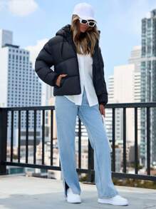 EURMUSE Zip Up Hooded Puffer Coat - Black - View 6