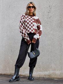 GENKIRA Suéter de punto con hombros caídos y estampado de cuadros para otoño e invierno - Multicolor - Ver 3