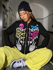 SHEIN EZwear Hình ảnh Skull & chữ cái Dây kéo Áo khoác bomber - màu đen - Xem 4