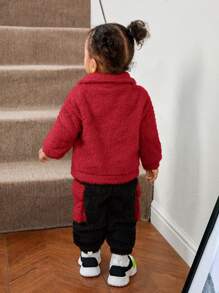 SHEIN Baby Girl Flap Pocket Teddy Coat & Pants Without Tee - Red - View 2