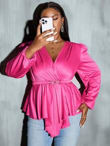 Celure 大碼燈籠袖不對稱下擺襯衫 - 玫紅色 - 查看 6