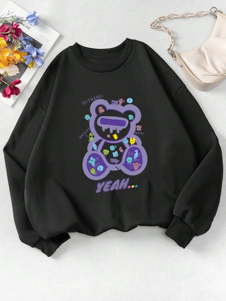 SHEIN EZwear Hơn Đồ họa Chữ Và Gấu Lót nhiệt Áo nỉ - màu đen - Xem 1