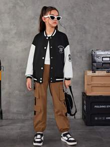 SHEIN Cô gái Tween Chi tiết Patched thư Túi nắp bên cạnh Quần Cargo - màu nâu - Xem 6