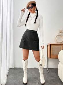 Flirla High Waist PU Leather Skirt Maxi Women Outfit - Black - View 3