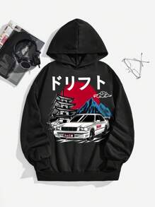 青少年男孩汽车和日文字母图案卫衣 - 黑色 - 查看 3