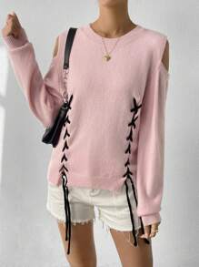 Flirla Cold Shoulder Lace Up Front Knit Pullover Fall Winter Sweater - Baby Pink - View 4