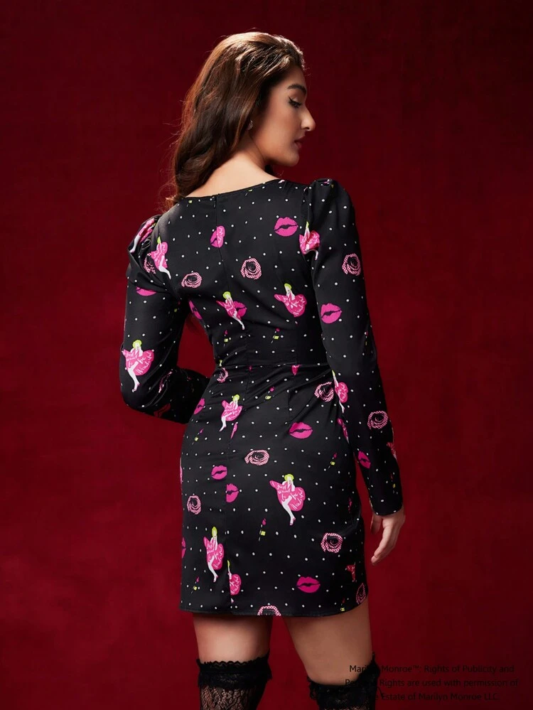 Figure & Polka Dot Print Sweetheart Neck Wrap Hem Bodycon Dress
